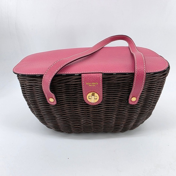 kate spade Handbags - Kate Spade Pink Leather Dark Brown Wicker Picnic Basket Polka Dot Satchel Bag